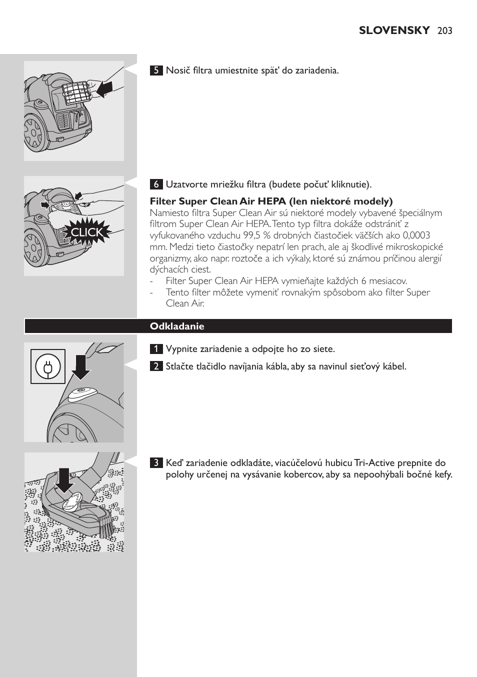Filter super clean air hepa (len niektoré modely), Odkladanie | Philips FC8734 User Manual | Page 203 / 280