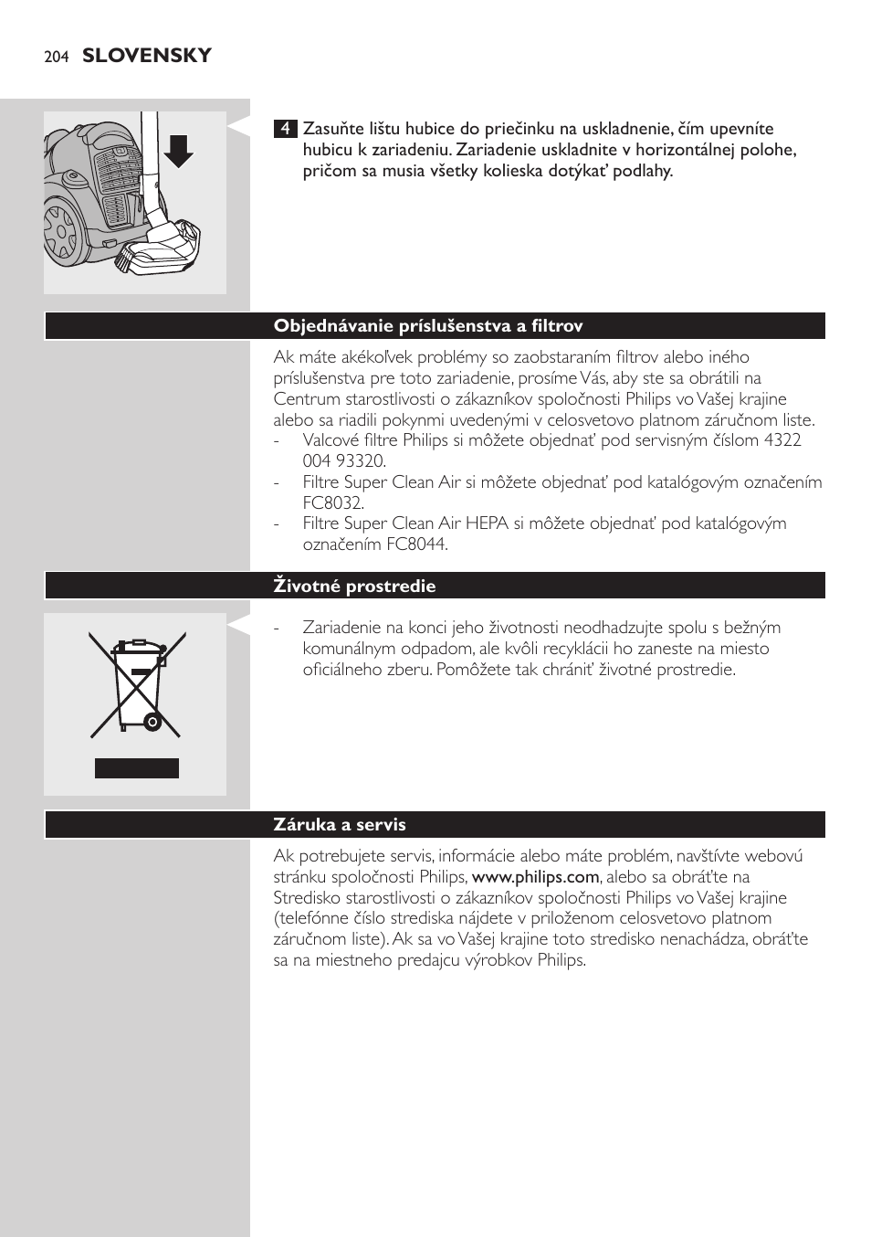 Objednávanie príslušenstva a filtrov, Životné prostredie, Záruka a servis | Riešenie problémov | Philips FC8734 User Manual | Page 204 / 280