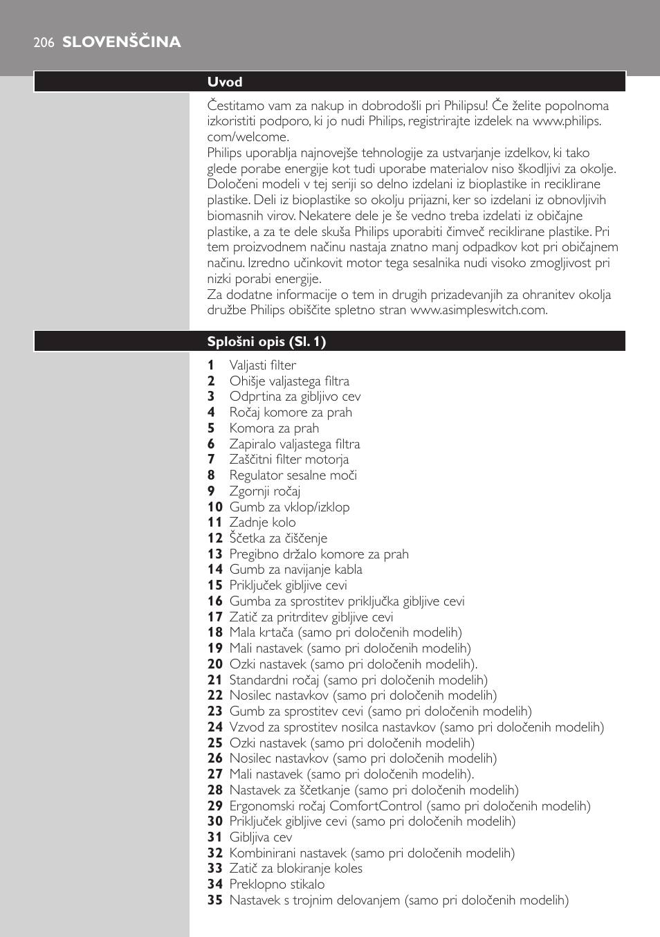 Slovenščina, Uvod, Splošni opis (sl. 1) | Philips FC8734 User Manual | Page 206 / 280