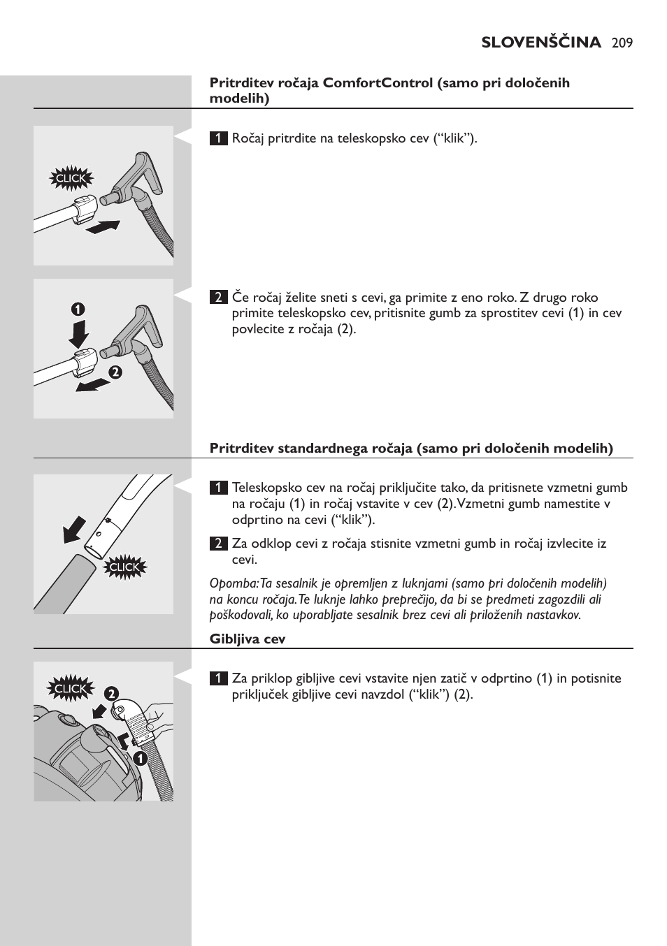 Elektromagnetna polja (emf), Priprava za uporabo, Ergonomska zasnova in nasveti | Ročaj comfortcontrol (samo pri določenih modelih) | Philips FC8734 User Manual | Page 209 / 280