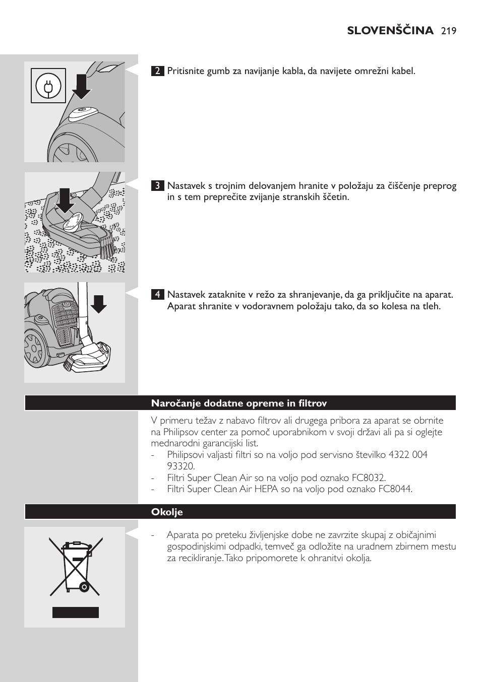 Shranjevanje | Philips FC8734 User Manual | Page 219 / 280