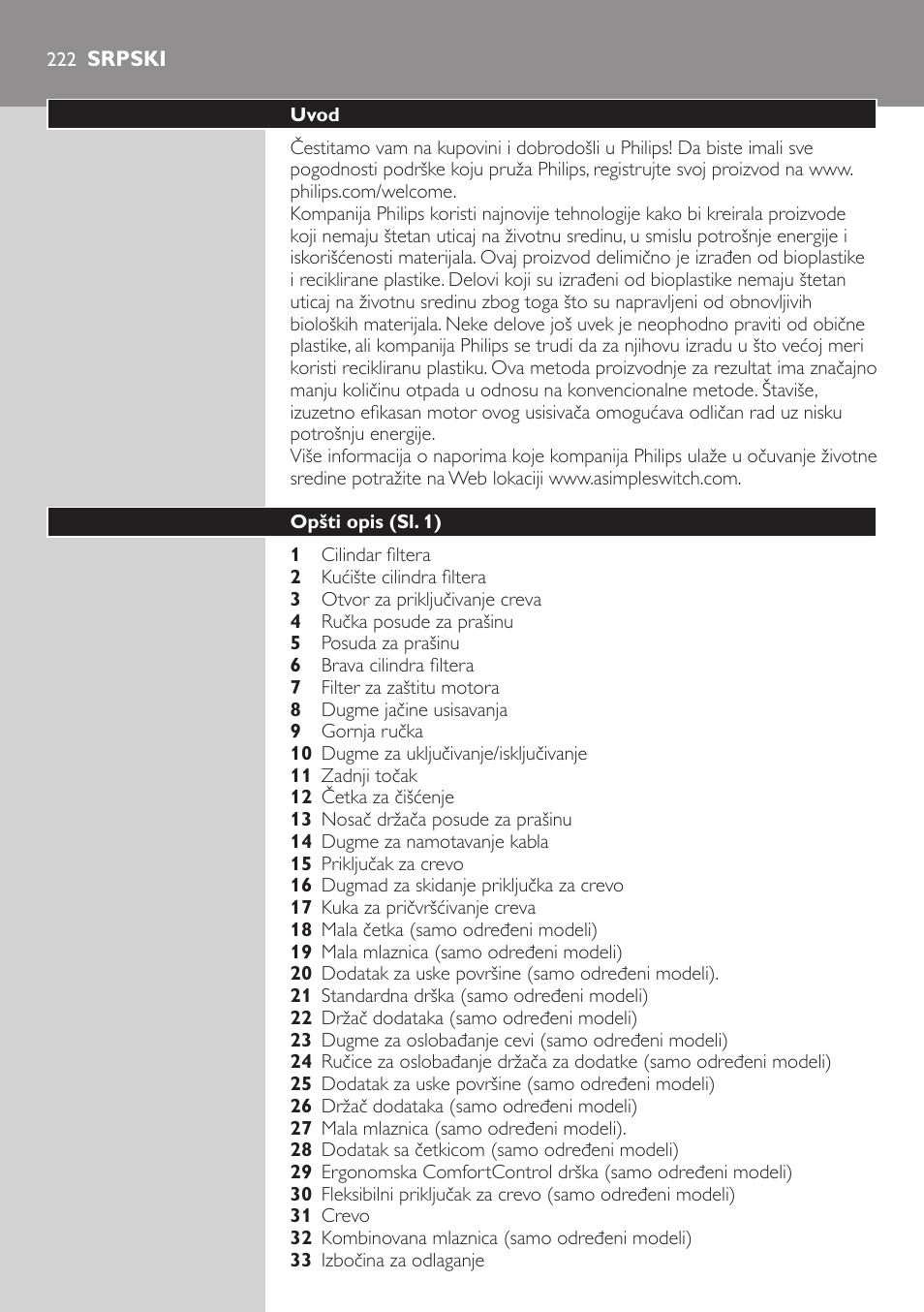 Srpski, Uvod, Opšti opis (sl. 1) | Philips FC8734 User Manual | Page 222 / 280