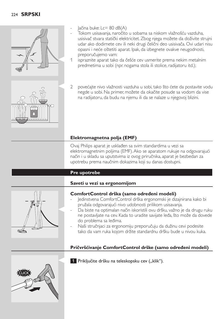 Elektromagnetna polja (emf), Pre upotrebe, Saveti u vezi sa ergonomijom | Comfortcontrol drška (samo određeni modeli) | Philips FC8734 User Manual | Page 224 / 280