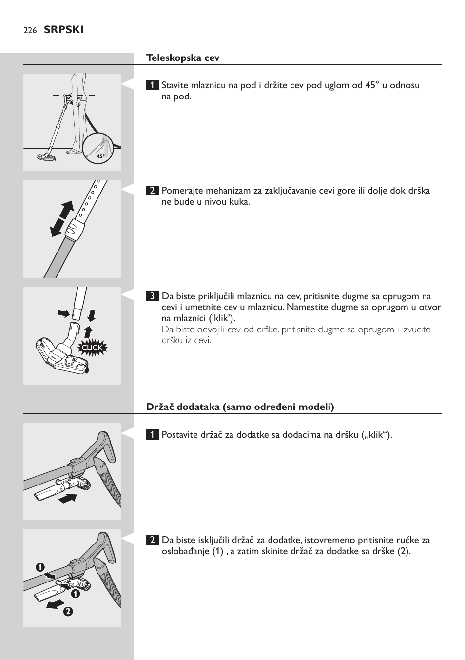 Teleskopska cev, Držač dodataka (samo određeni modeli) | Philips FC8734 User Manual | Page 226 / 280