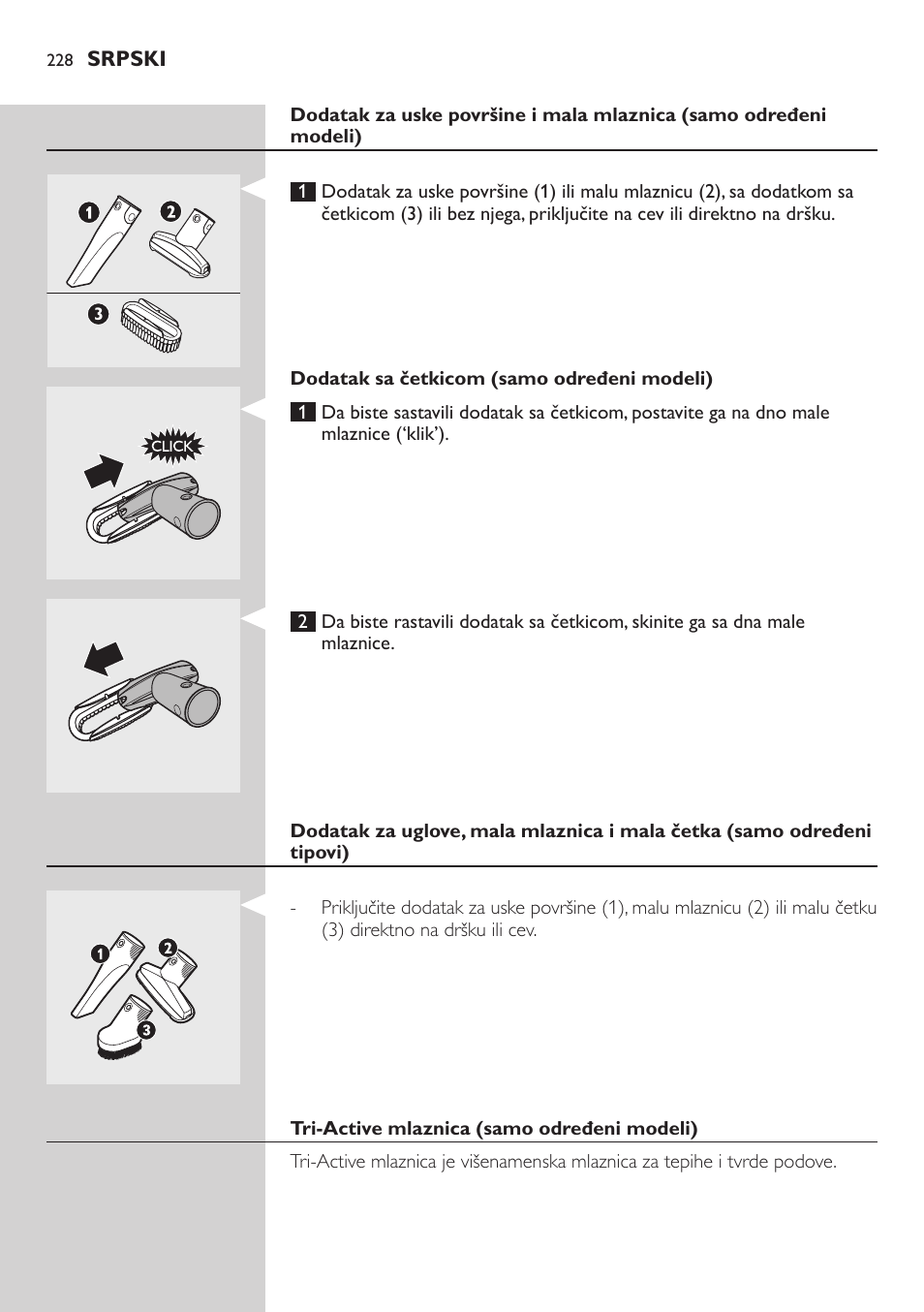 Dodatak sa četkicom (samo određeni modeli), Tri-active mlaznica (samo određeni modeli) | Philips FC8734 User Manual | Page 228 / 280