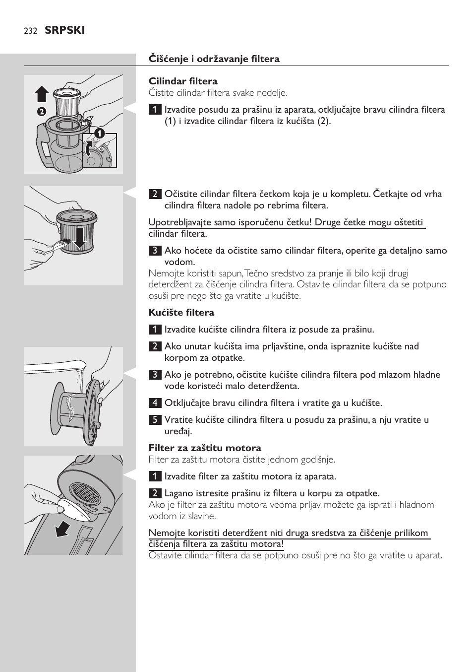 Čišćenje i održavanje filtera, Cilindar filtera, Kućište filtera | Filter za zaštitu motora | Philips FC8734 User Manual | Page 232 / 280