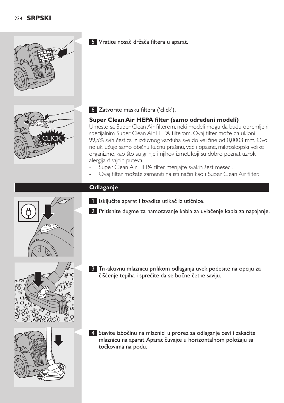 Super clean air hepa filter (samo određeni modeli), Odlaganje | Philips FC8734 User Manual | Page 234 / 280