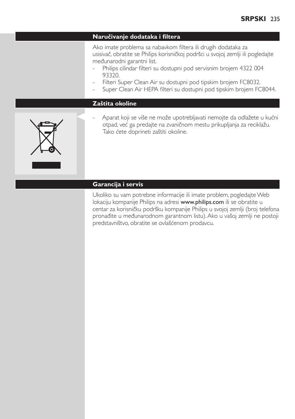 Naručivanje dodataka i filtera, Zaštita okoline, Garancija i servis | Rešavanje problema | Philips FC8734 User Manual | Page 235 / 280