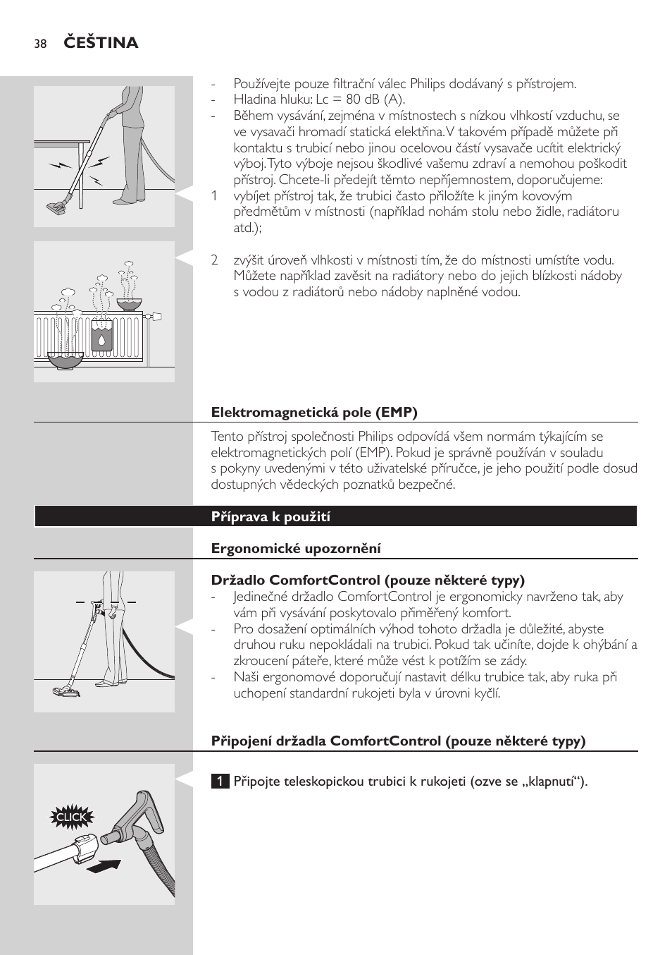 Elektromagnetická pole (emp), Příprava k použití, Ergonomické upozornění | Držadlo comfortcontrol (pouze některé typy) | Philips FC8734 User Manual | Page 38 / 280