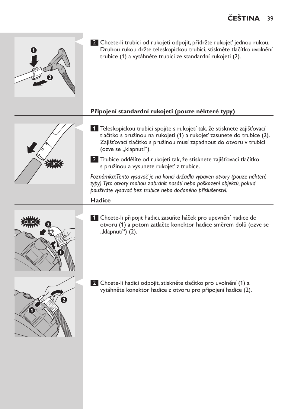 Připojení standardní rukojeti (pouze některé typy), Hadice | Philips FC8734 User Manual | Page 39 / 280