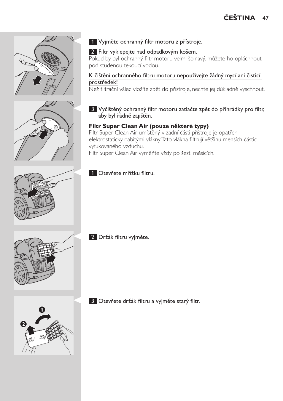 Filtr super clean air (pouze některé typy) | Philips FC8734 User Manual | Page 47 / 280