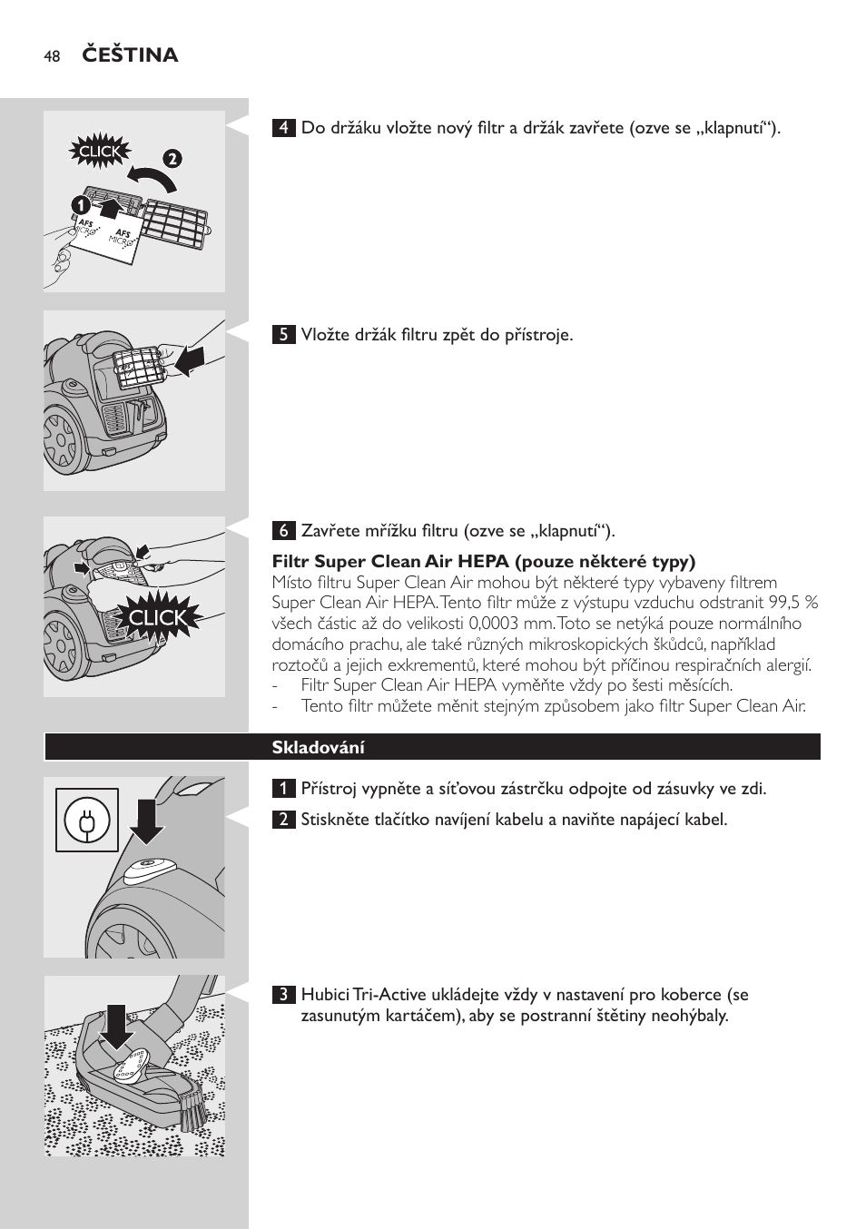 Filtr super clean air hepa (pouze některé typy), Skladování | Philips FC8734 User Manual | Page 48 / 280