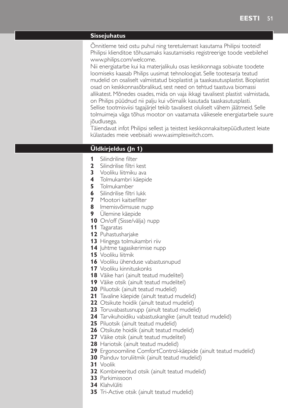 Eesti, Sissejuhatus, Üldkirjeldus (jn 1) | Philips FC8734 User Manual | Page 51 / 280