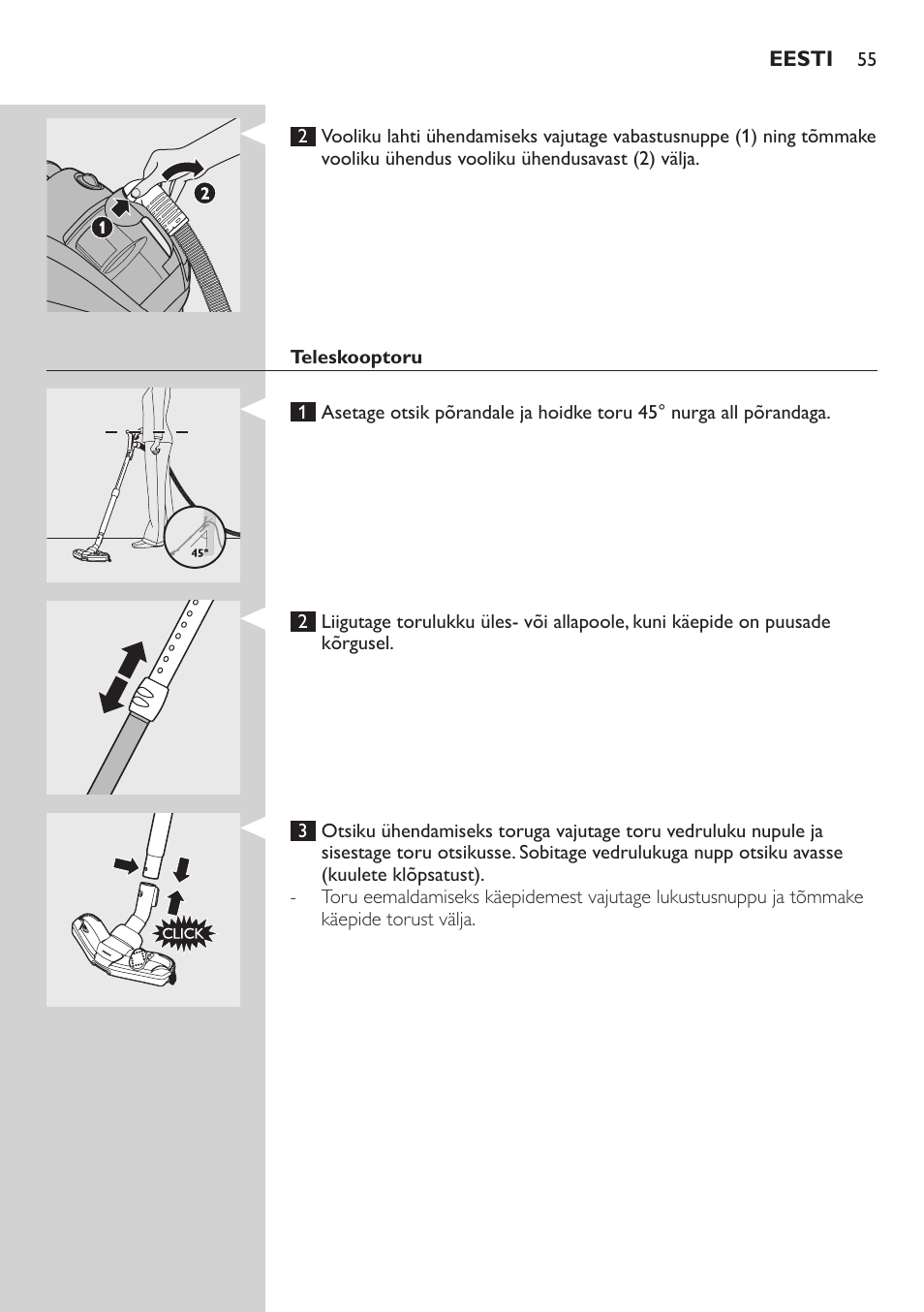 Tavakäepideme kinnitamine (ainult teatud mudelid), Voolik | Philips FC8734 User Manual | Page 55 / 280