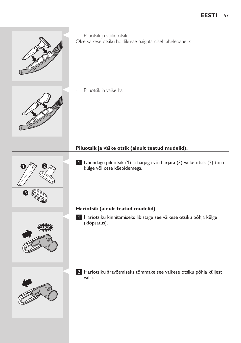 Otsikute hoidik (ainult teatud mudelid), Otsikute klamber (ainult teatud mudelid) | Philips FC8734 User Manual | Page 57 / 280