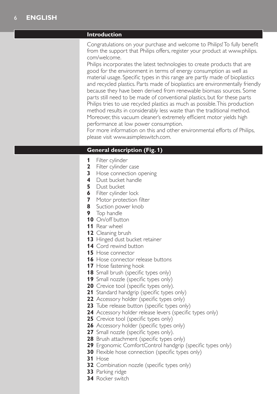 English, Introduction, General description (fig. 1) | Philips FC8734 User Manual | Page 6 / 280