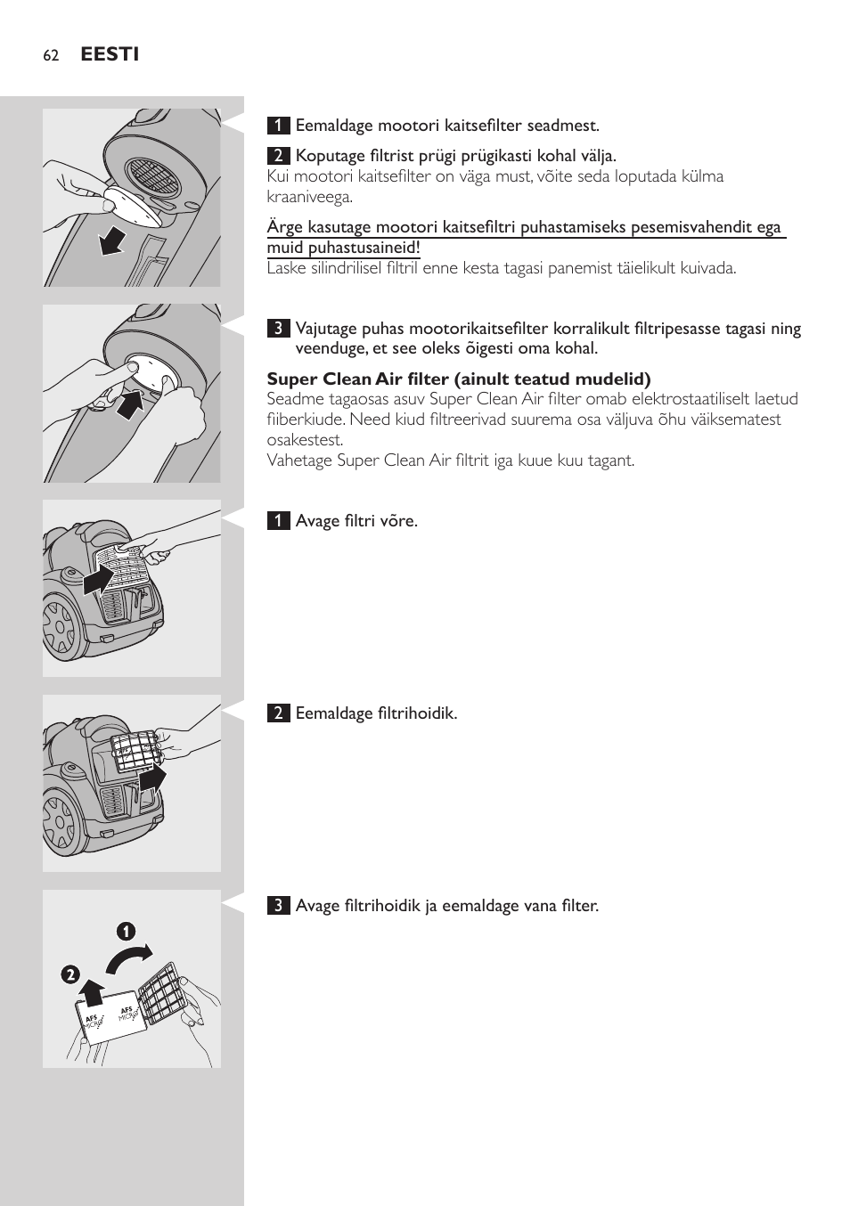 Filtrite puhastamine ja hooldamine, Silindriline filter, Filtri kest | Mootori kaitsefilter | Philips FC8734 User Manual | Page 62 / 280