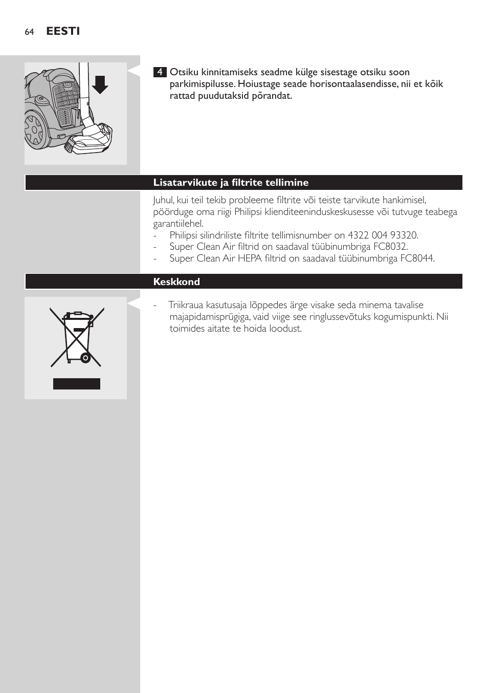 Hoiustamine | Philips FC8734 User Manual | Page 64 / 280