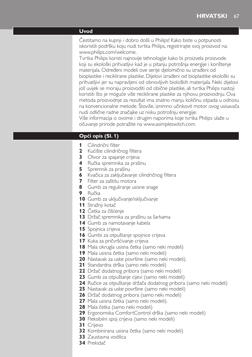 Hrvatski, Uvod, Opći opis (sl. 1) | Philips FC8734 User Manual | Page 67 / 280