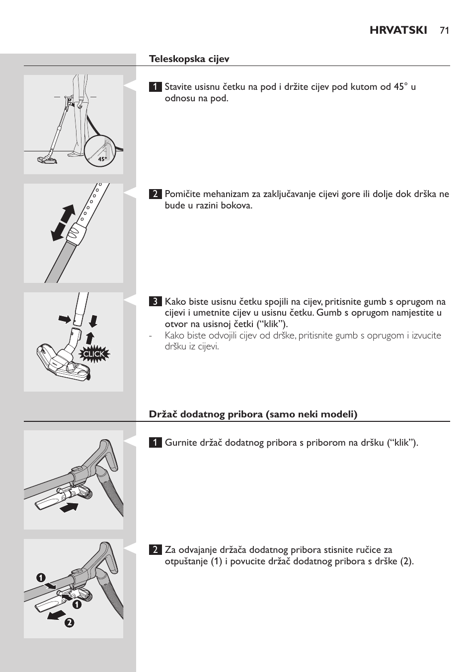 Pričvršćivanje standardne drške (samo neki modeli), Crijevo | Philips FC8734 User Manual | Page 71 / 280