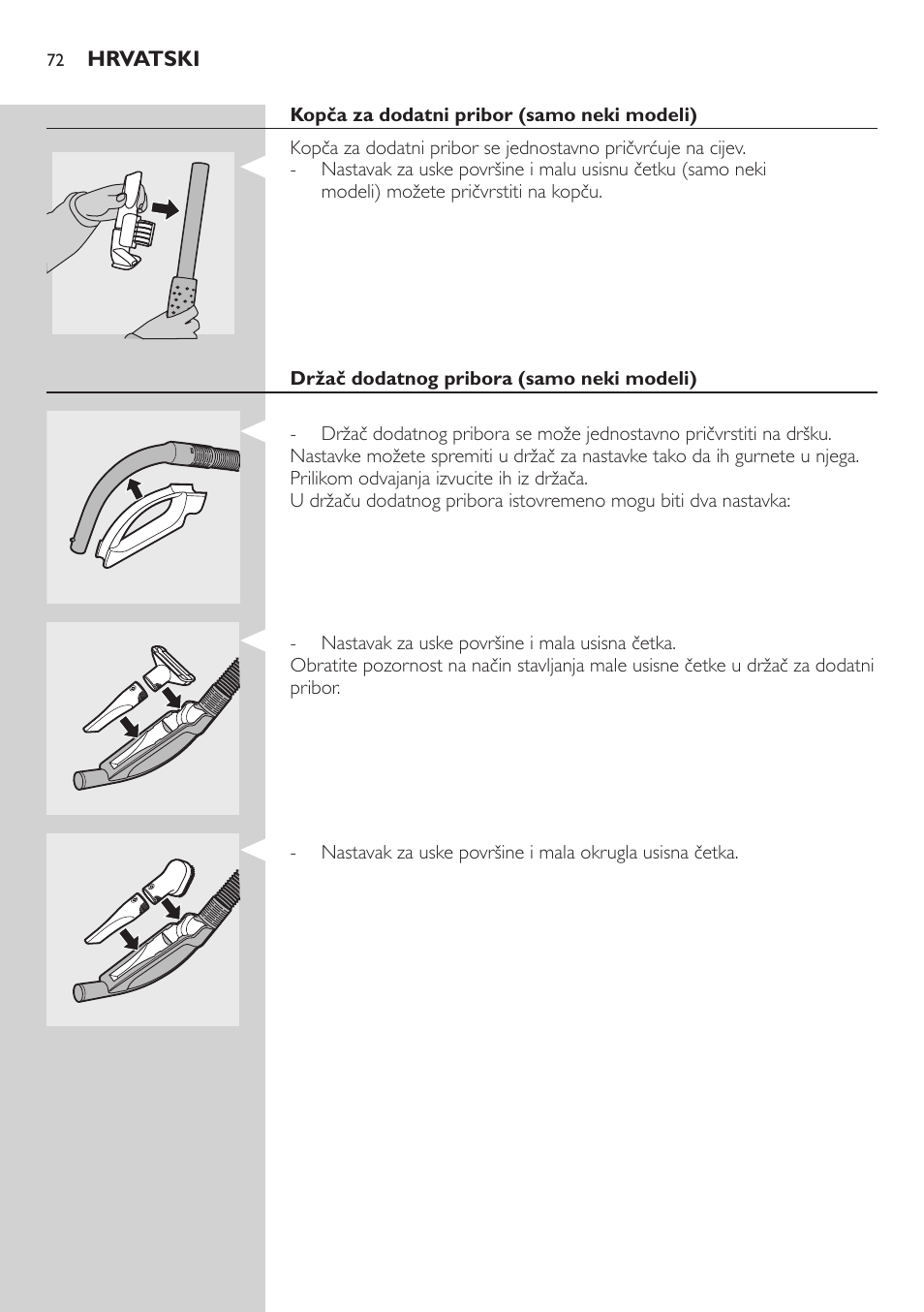 Teleskopska cijev, Držač dodatnog pribora (samo neki modeli) | Philips FC8734 User Manual | Page 72 / 280