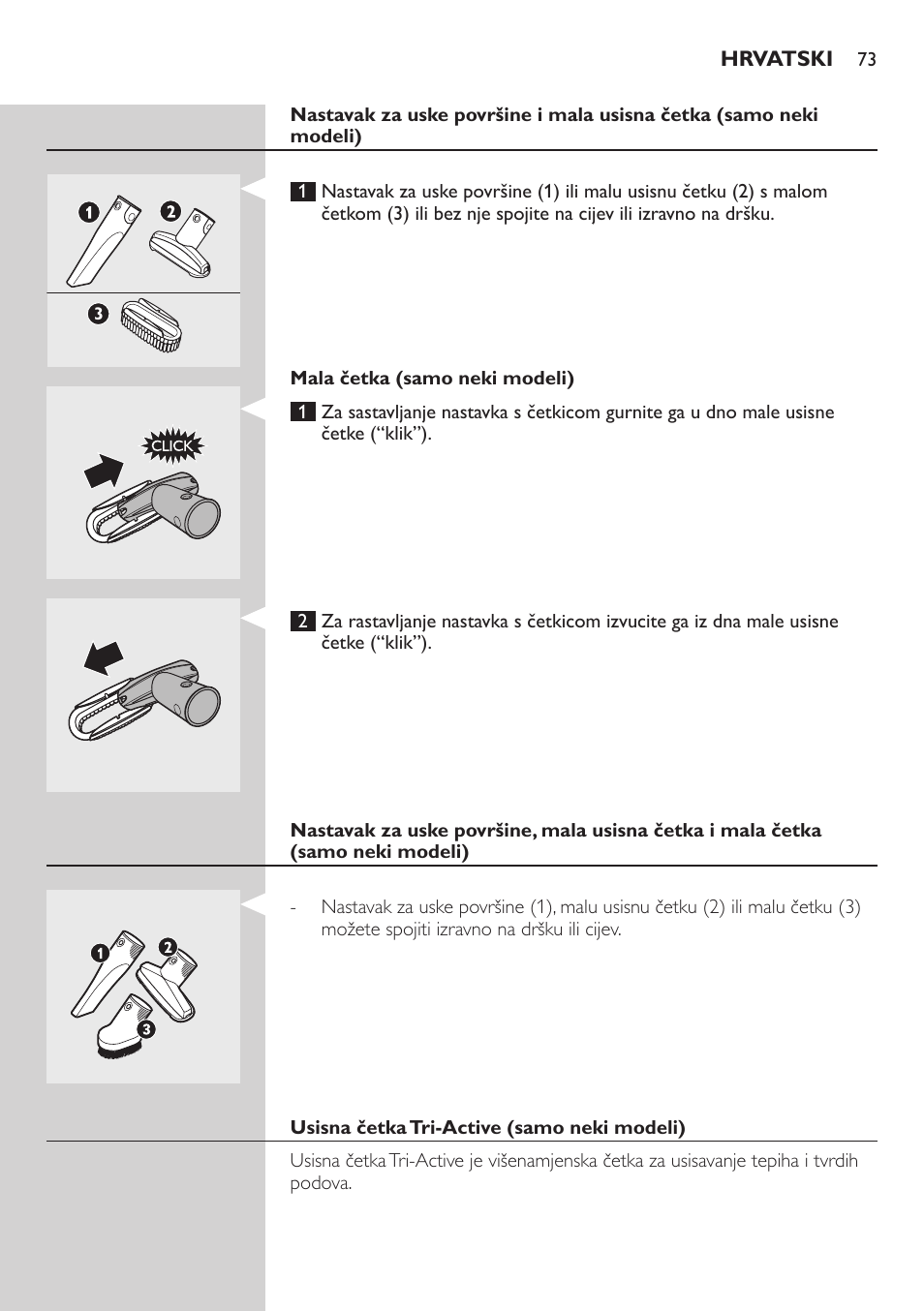 Kopča za dodatni pribor (samo neki modeli), Držač dodatnog pribora (samo neki modeli) | Philips FC8734 User Manual | Page 73 / 280