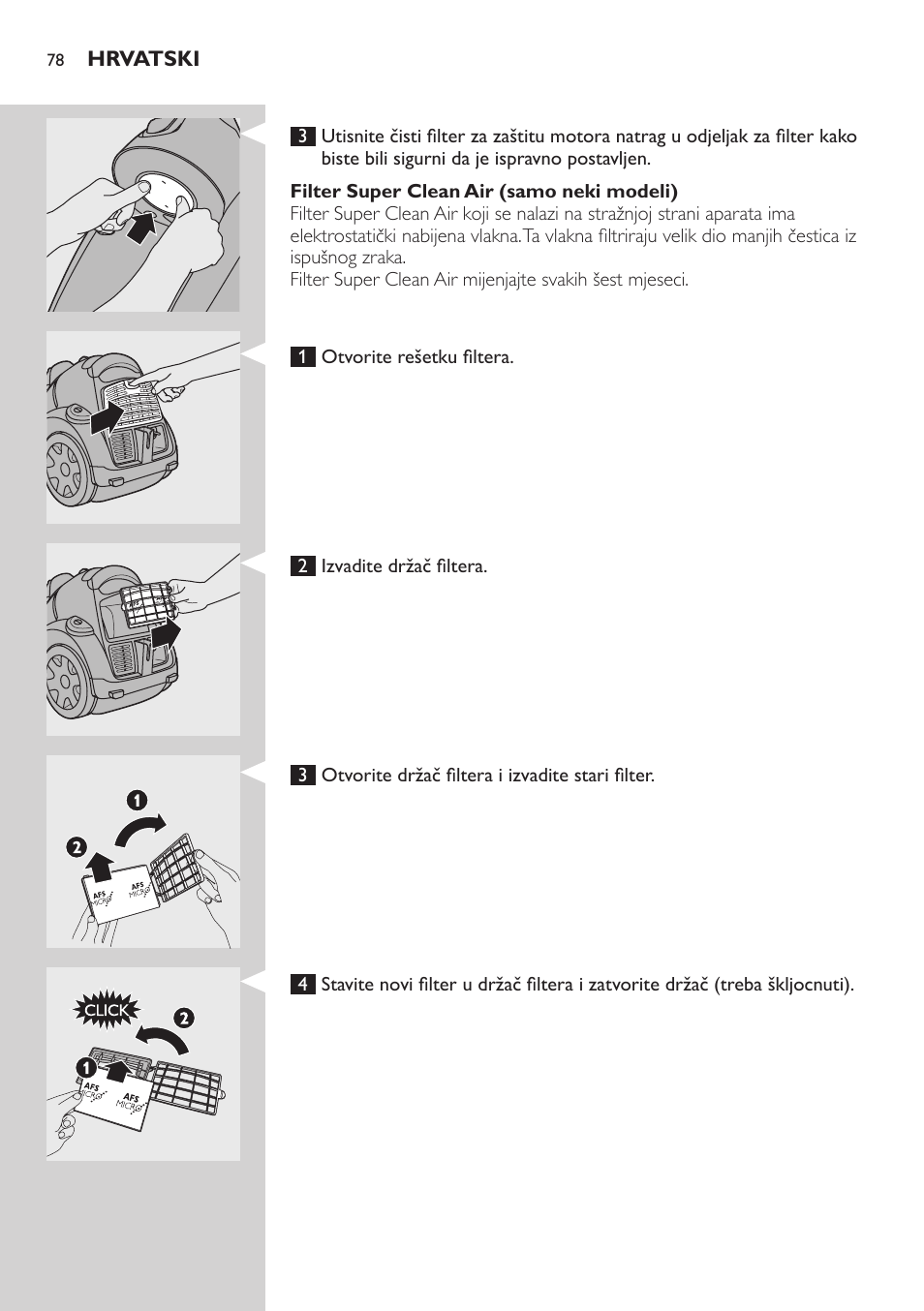 Čišćenje i održavanje filtera, Cilindrični filter, Kućište filtera | Filter za zaštitu motora | Philips FC8734 User Manual | Page 78 / 280