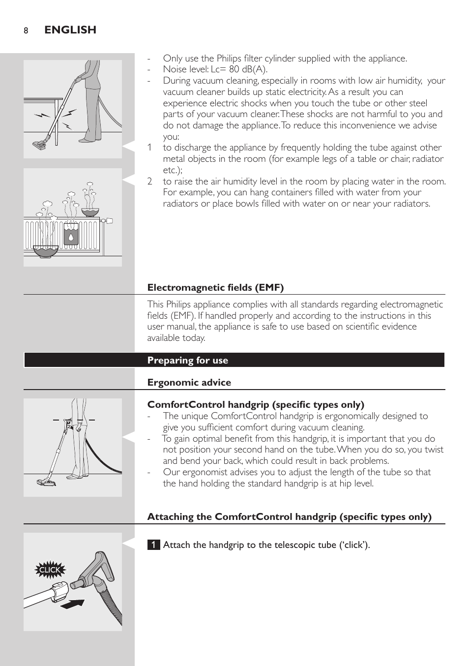 Electromagnetic fields (emf), Preparing for use, Ergonomic advice | Comfortcontrol handgrip (specific types only) | Philips FC8734 User Manual | Page 8 / 280