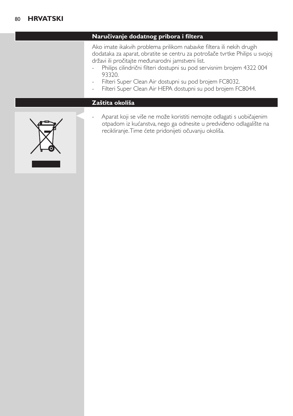 Filter super clean air hepa (samo neki modeli), Spremanje | Philips FC8734 User Manual | Page 80 / 280