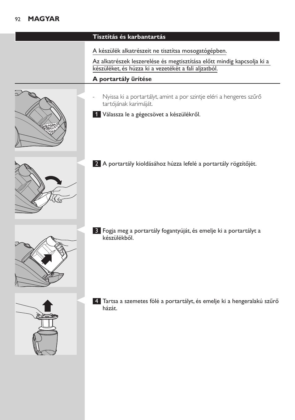 Tisztítás és karbantartás, A portartály ürítése | Philips FC8734 User Manual | Page 92 / 280