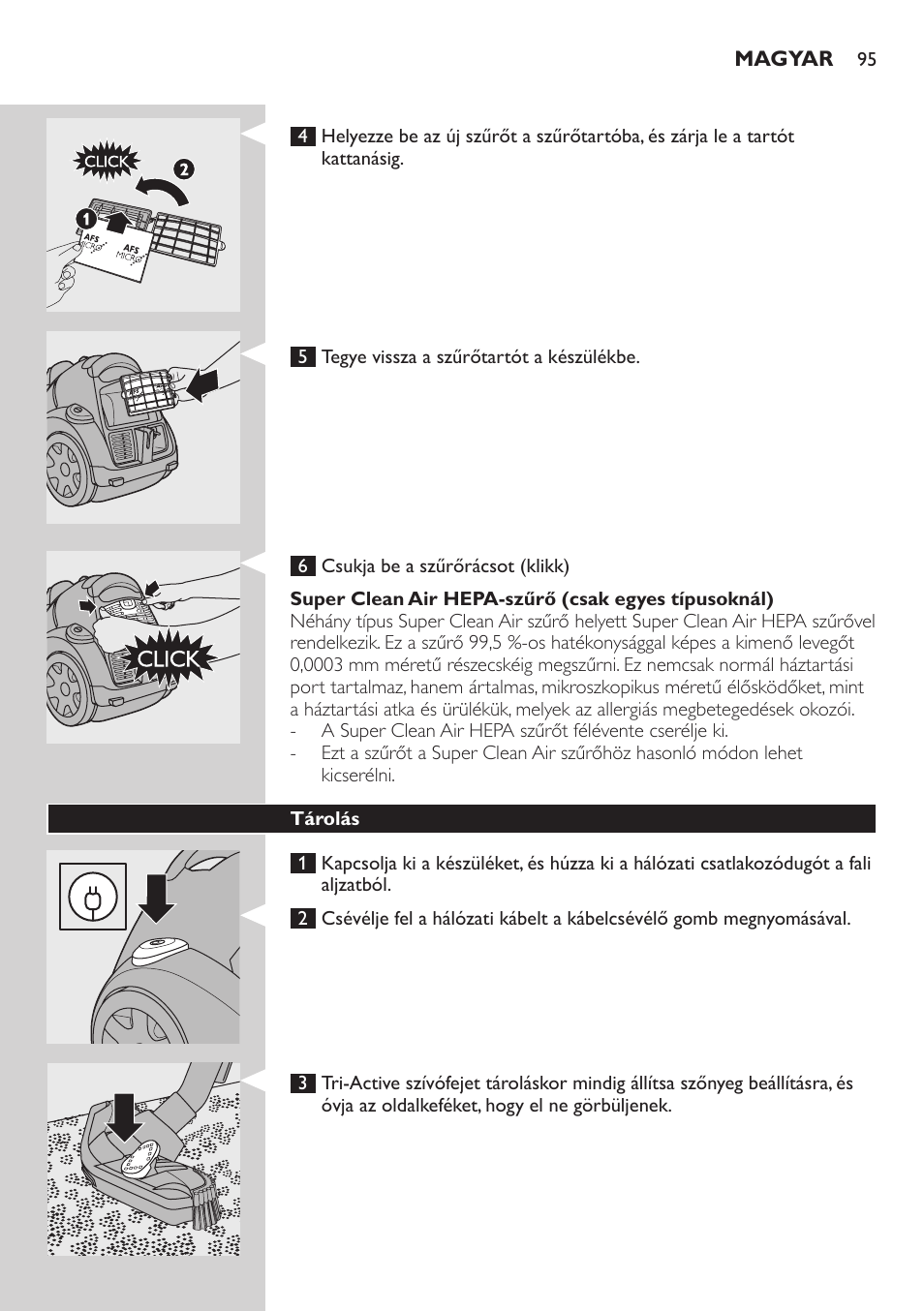 Super clean air hepa-szűrő (csak egyes típusoknál), Tárolás | Philips FC8734 User Manual | Page 95 / 280