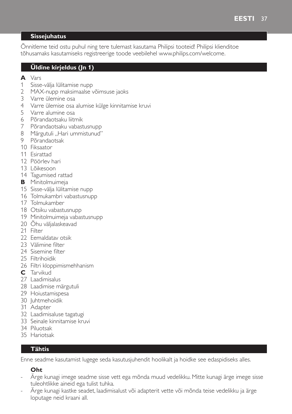 Eesti, Eesti 37 | Philips FC6161 User Manual | Page 37 / 188