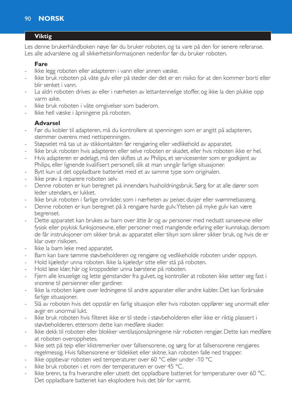 Norsk, Norsk 90 | Philips FC8802 User Manual | Page 90 / 124