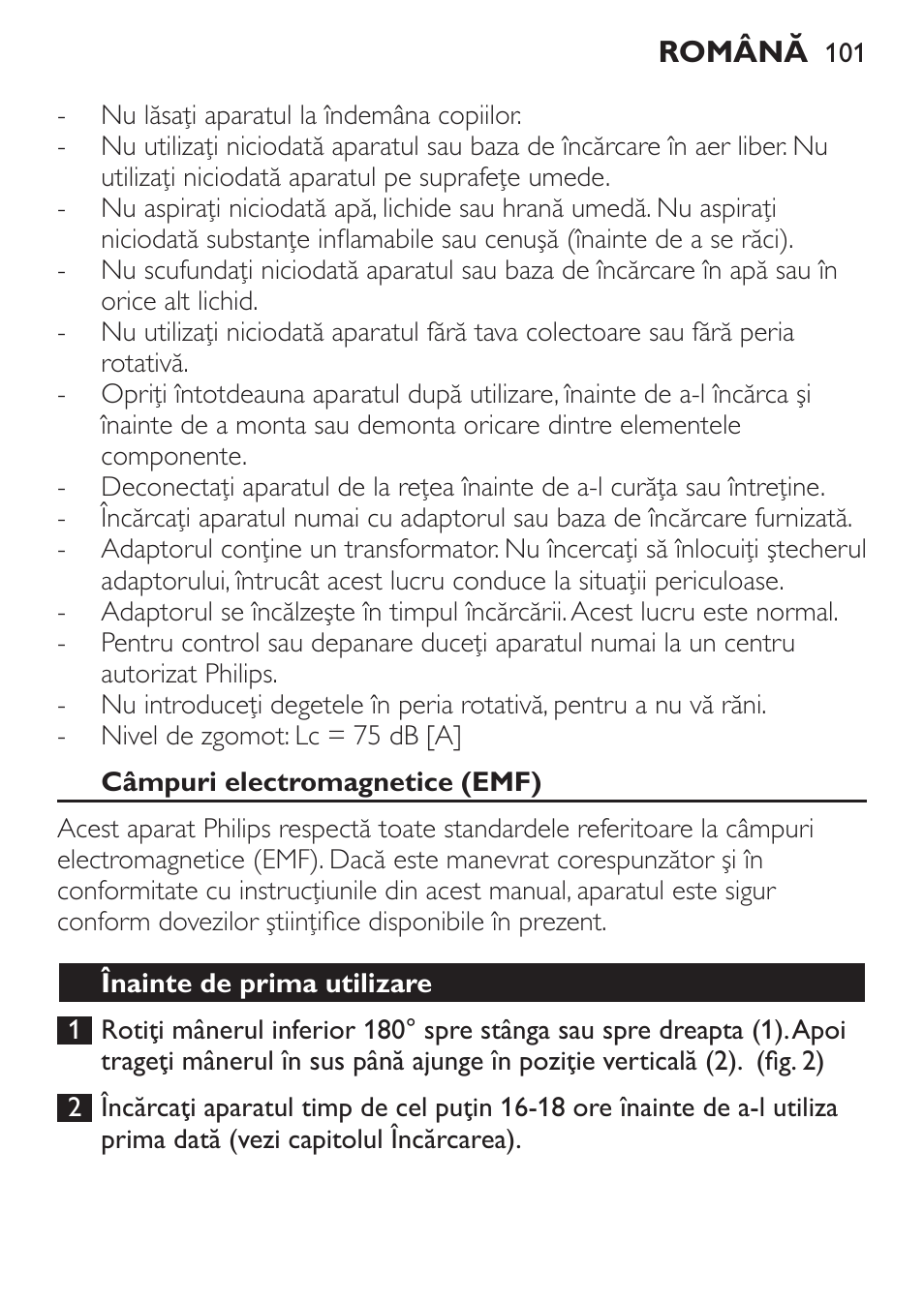 Câmpuri electromagnetice (emf), Înainte de prima utilizare | Philips FC6125 User Manual | Page 101 / 160