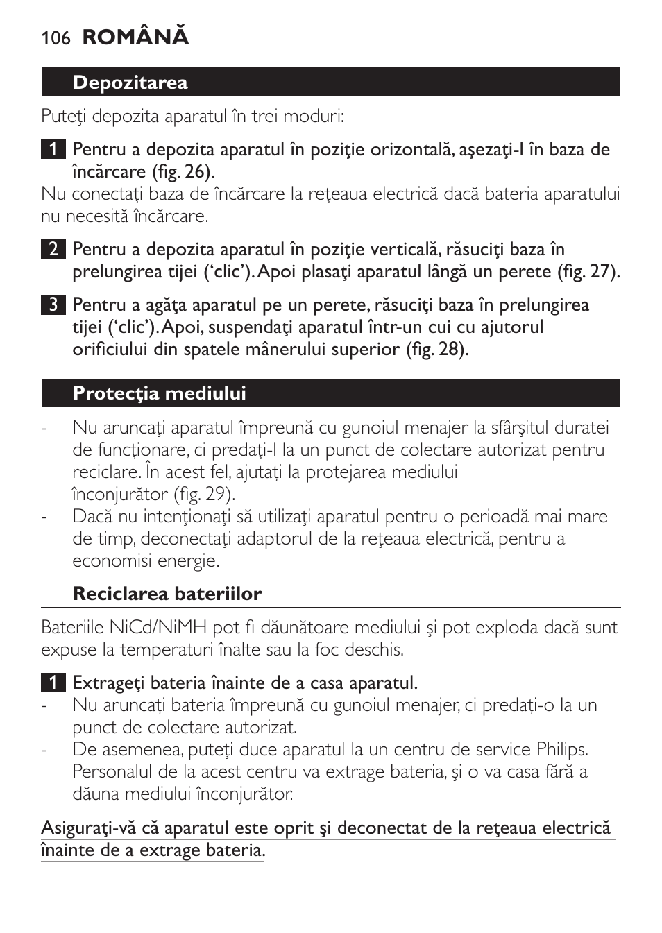 Depozitarea, Protecţia mediului, Reciclarea bateriilor | Philips FC6125 User Manual | Page 106 / 160