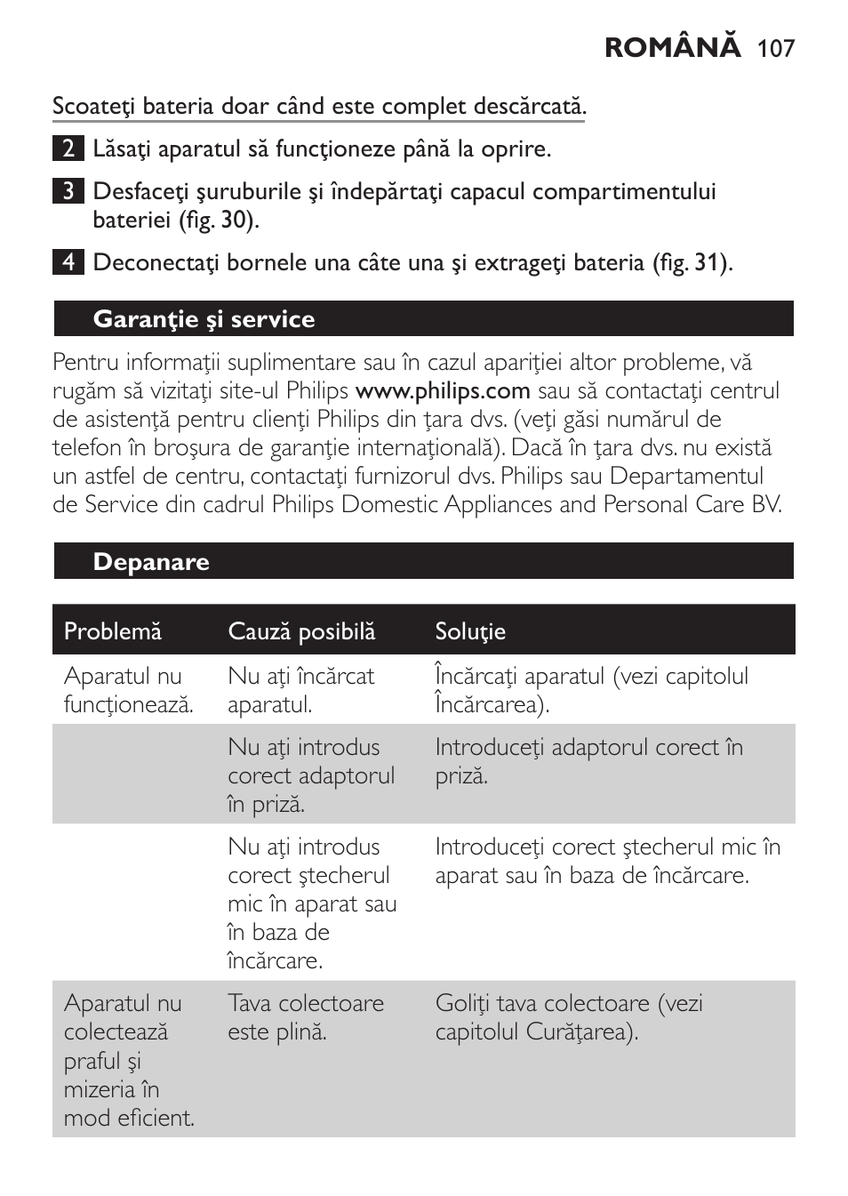 Garanţie şi service, Depanare | Philips FC6125 User Manual | Page 107 / 160