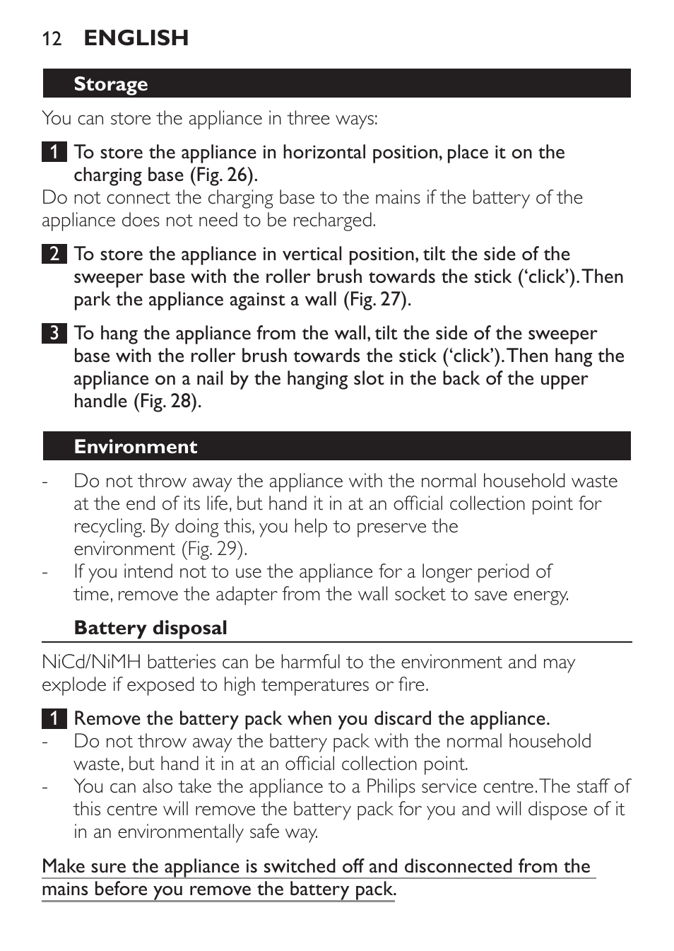 Storage, Environment, Battery disposal | Philips FC6125 User Manual | Page 12 / 160