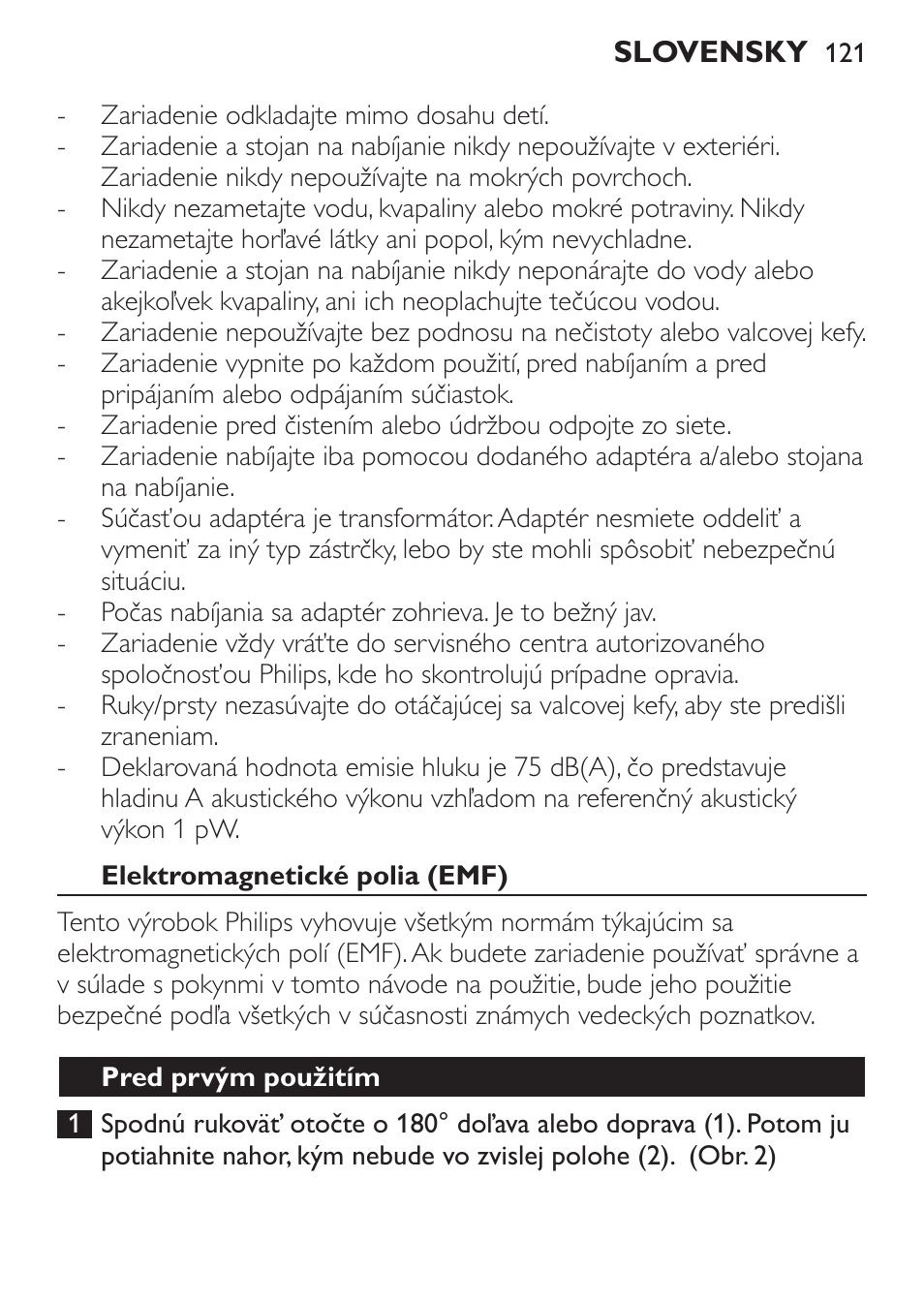 Elektromagnetické polia (emf), Pred prvým použitím | Philips FC6125 User Manual | Page 121 / 160