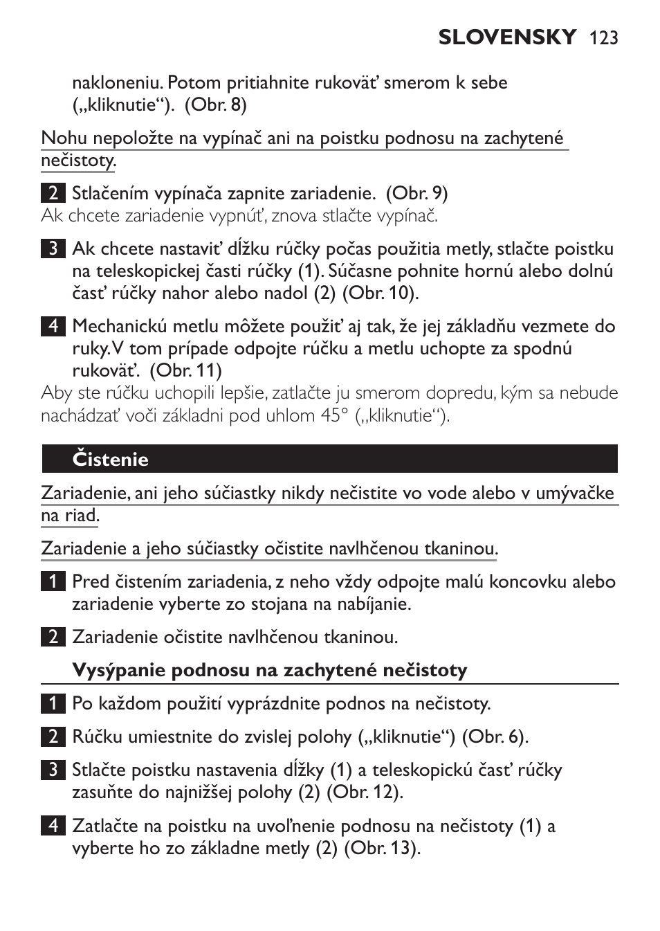 Čistenie, Vysýpanie podnosu na zachytené nečistoty | Philips FC6125 User Manual | Page 123 / 160