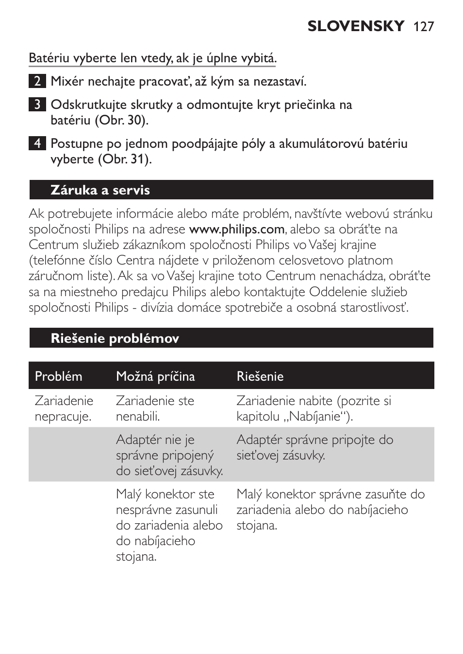 Záruka a servis, Riešenie problémov | Philips FC6125 User Manual | Page 127 / 160
