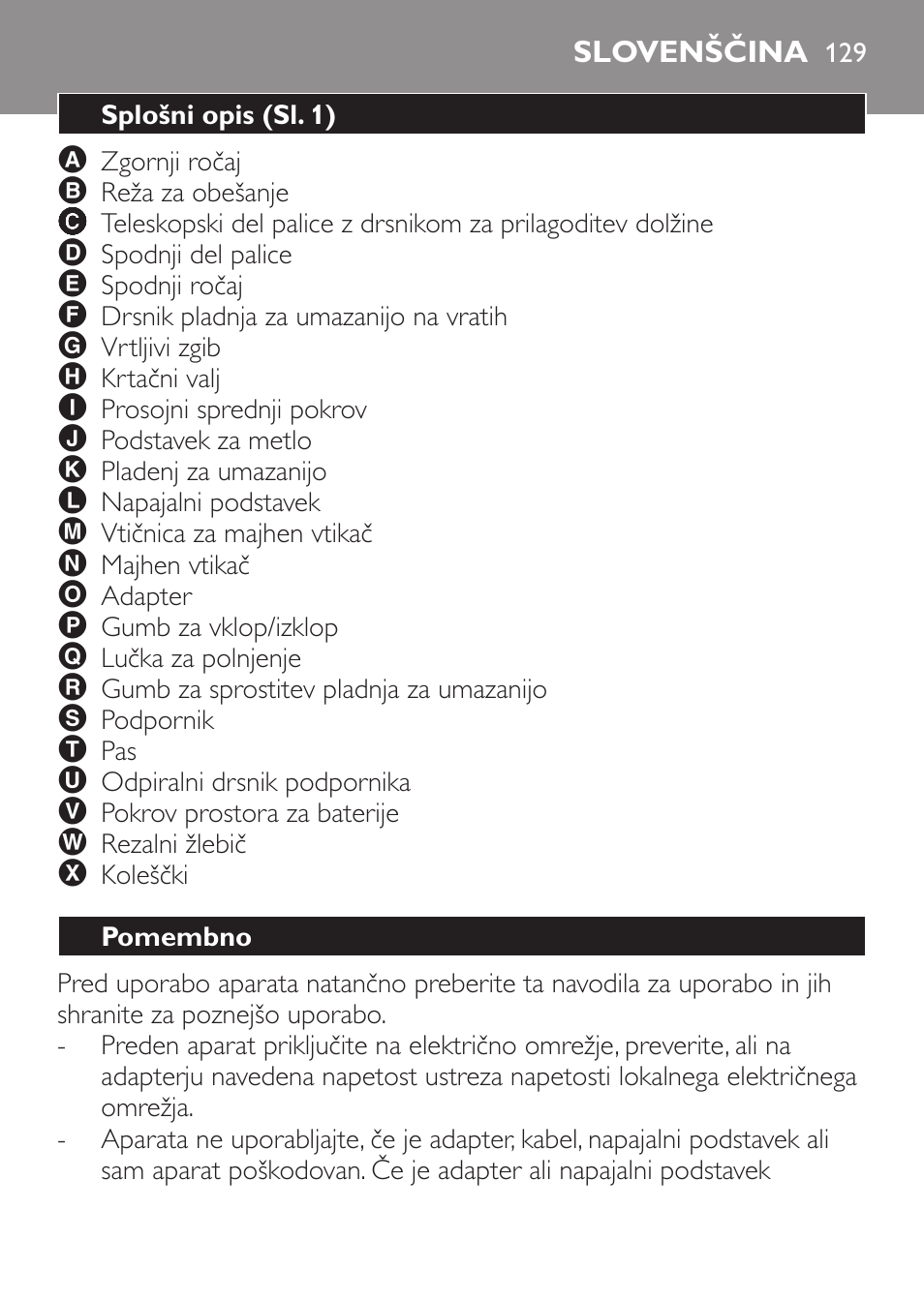 Slovenščina, Splošni opis (sl. 1), Pomembno | Philips FC6125 User Manual | Page 129 / 160