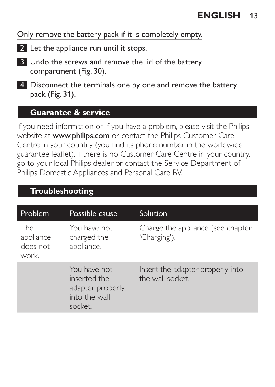 Guarantee & service, Troubleshooting | Philips FC6125 User Manual | Page 13 / 160