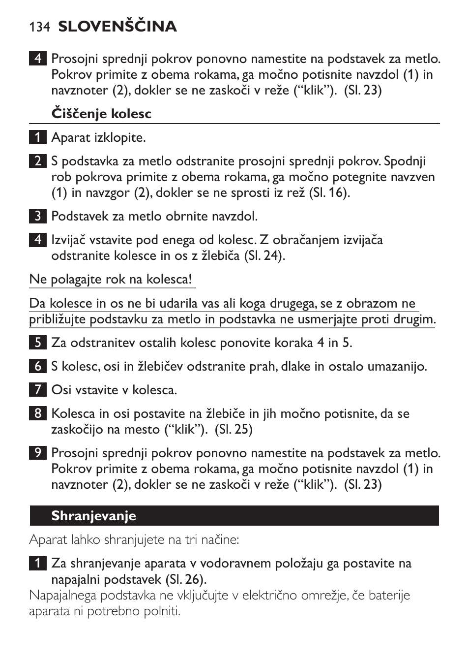 Čiščenje kolesc, Shranjevanje | Philips FC6125 User Manual | Page 134 / 160