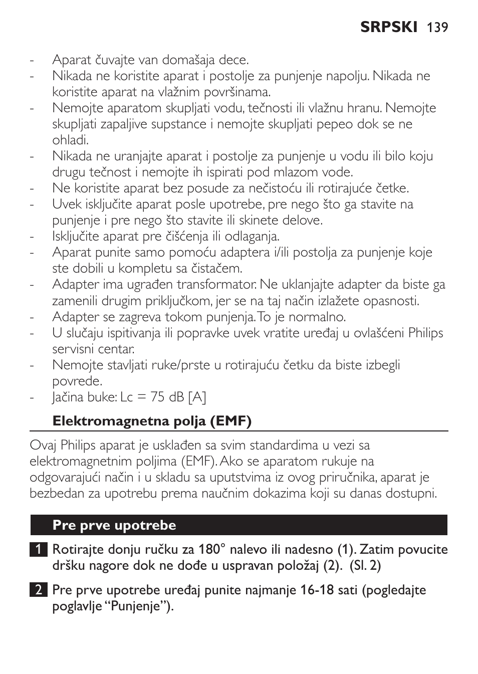 Elektromagnetna polja (emf), Pre prve upotrebe | Philips FC6125 User Manual | Page 139 / 160