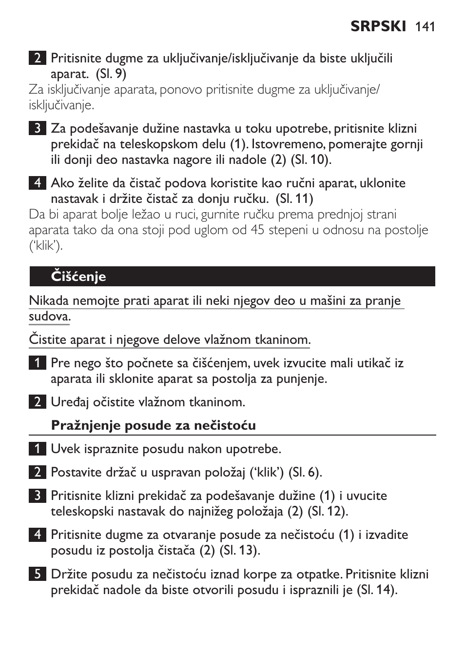 Čišćenje, Pražnjenje posude za nečistoću | Philips FC6125 User Manual | Page 141 / 160