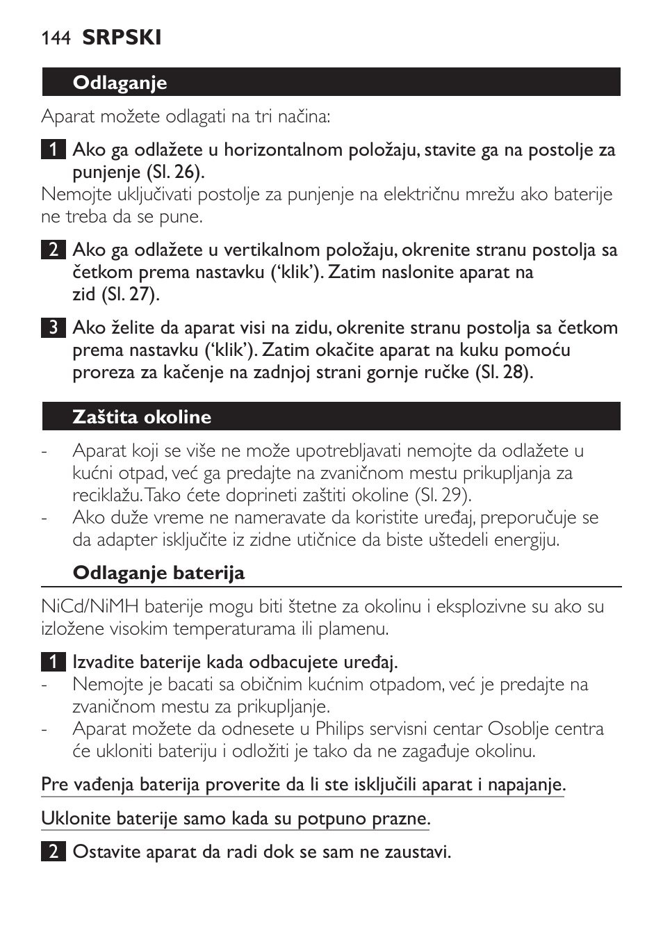 Odlaganje, Zaštita okoline, Odlaganje baterija | Philips FC6125 User Manual | Page 144 / 160