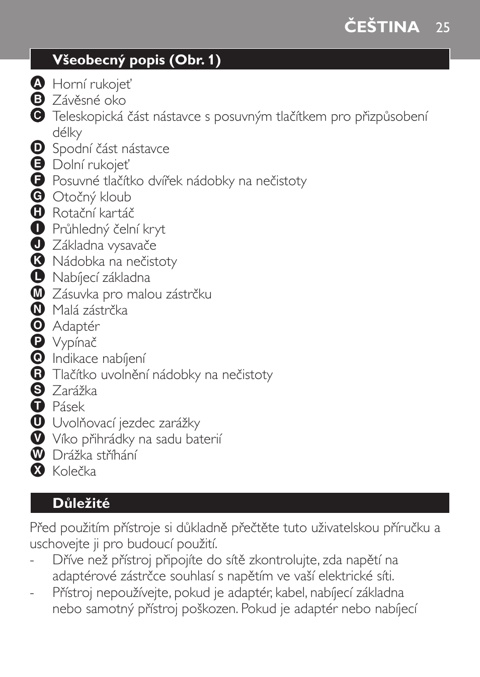 Čeština, Všeobecný popis (obr. 1), Důležité | Philips FC6125 User Manual | Page 25 / 160