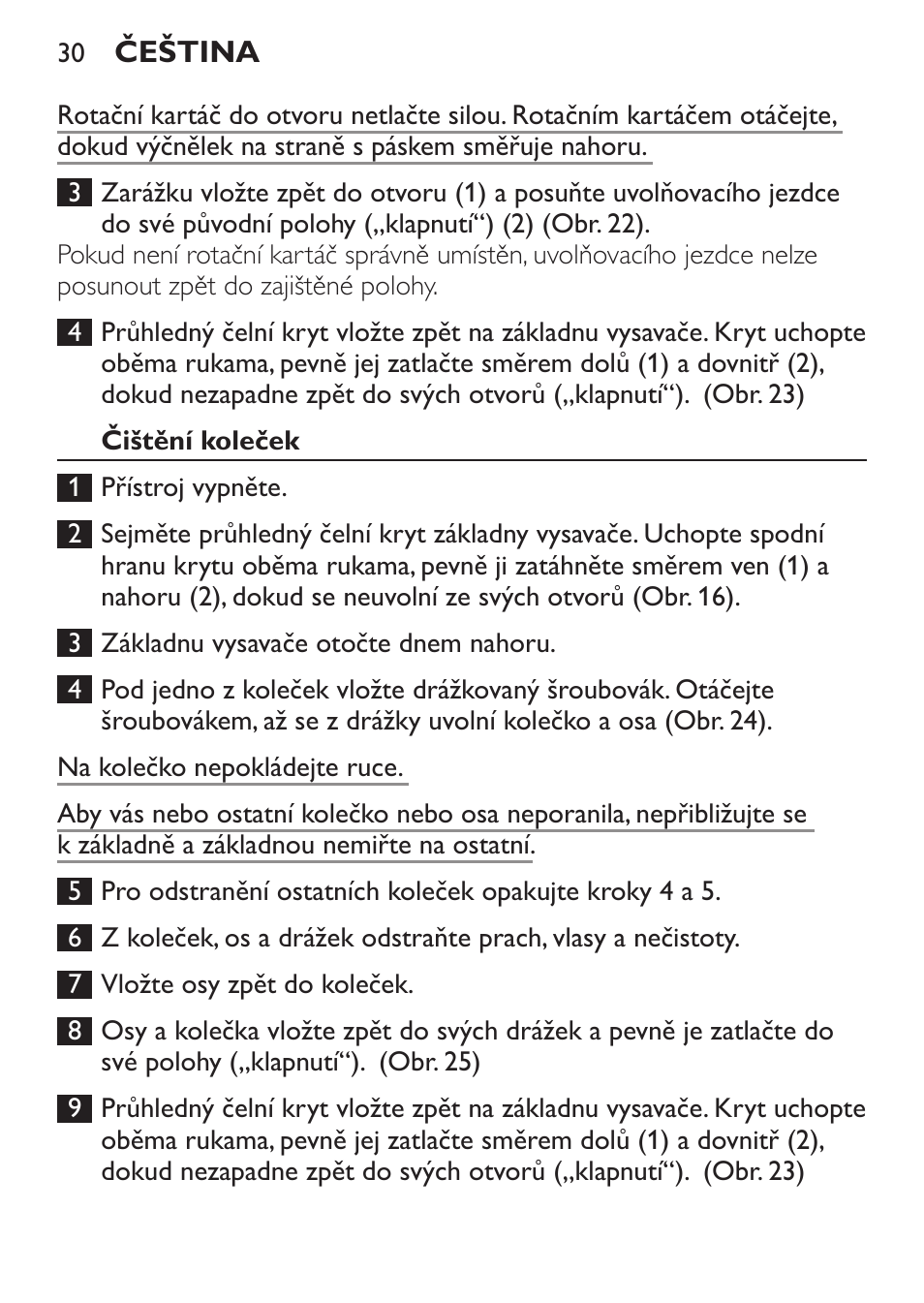 Čištění koleček | Philips FC6125 User Manual | Page 30 / 160