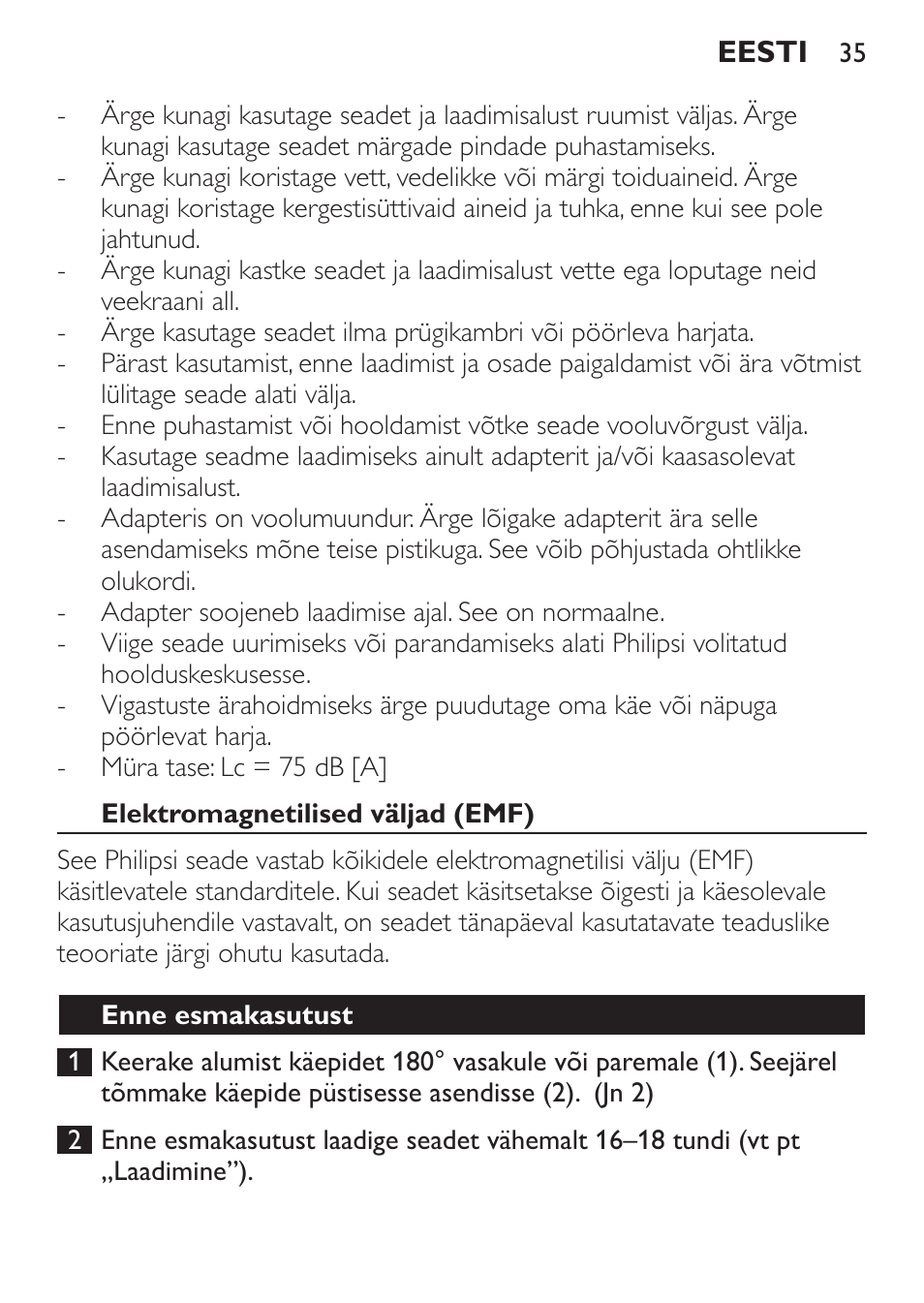 Elektromagnetilised väljad (emf), Enne esmakasutust | Philips FC6125 User Manual | Page 35 / 160