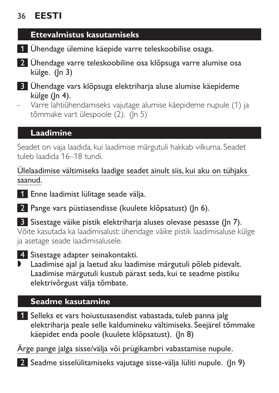 Ettevalmistus kasutamiseks, Laadimine, Seadme kasutamine | Philips FC6125 User Manual | Page 36 / 160